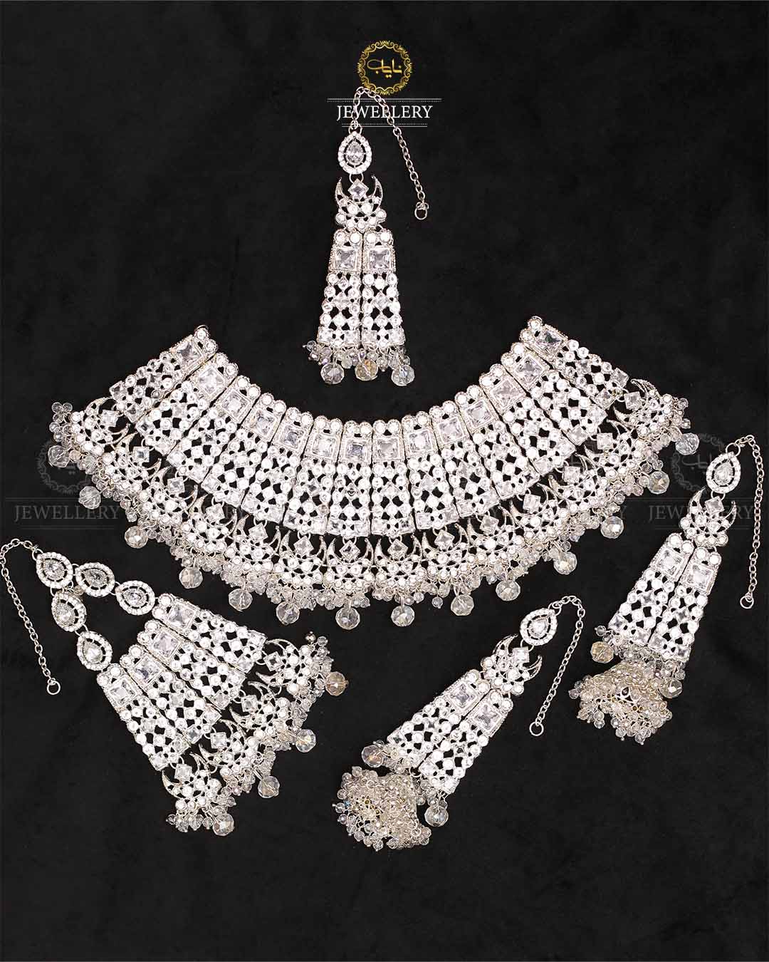 Rajhistani Zarcon Bridal Collar set-2373-Silver Nayab Jewellery