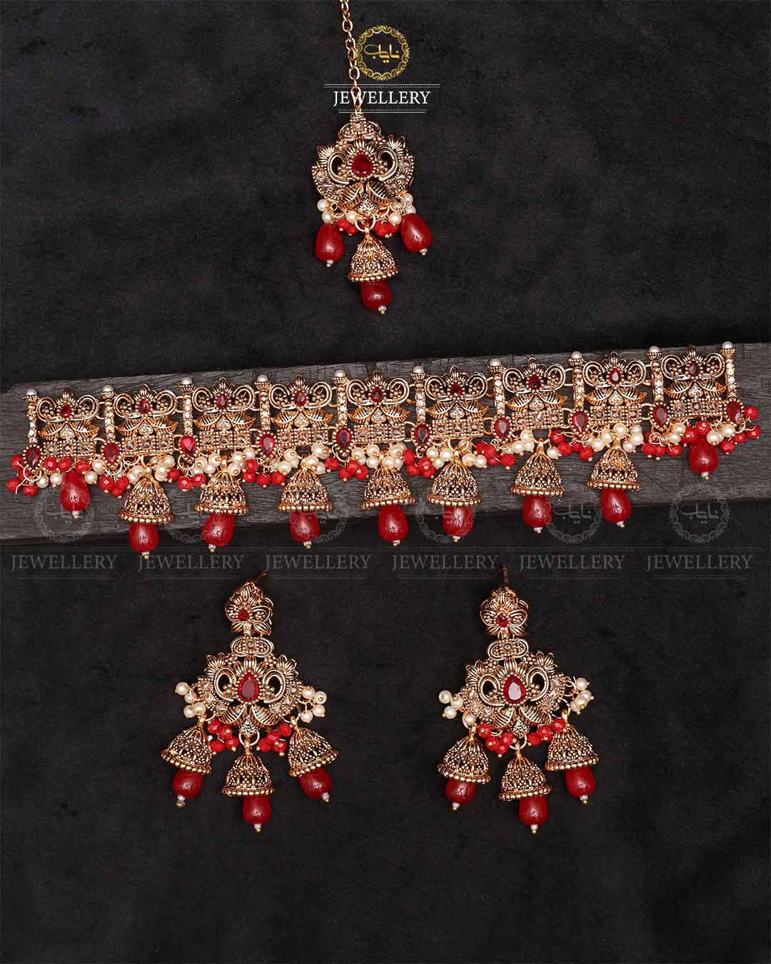 Rajwadi Chokar set with Tika-2257-Golden Nayab Jewellery