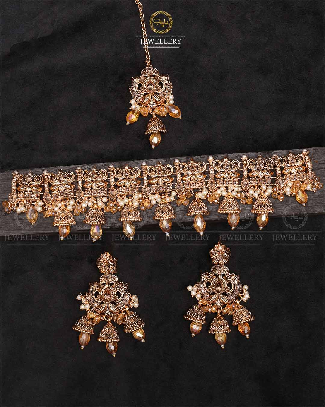 Rajwadi Chokar set with Tika-2257-Golden Nayab Jewellery