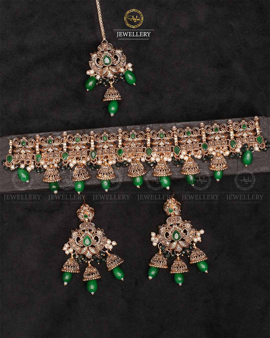 Rajwadi Chokar set with Tika-2257-Golden Nayab Jewellery