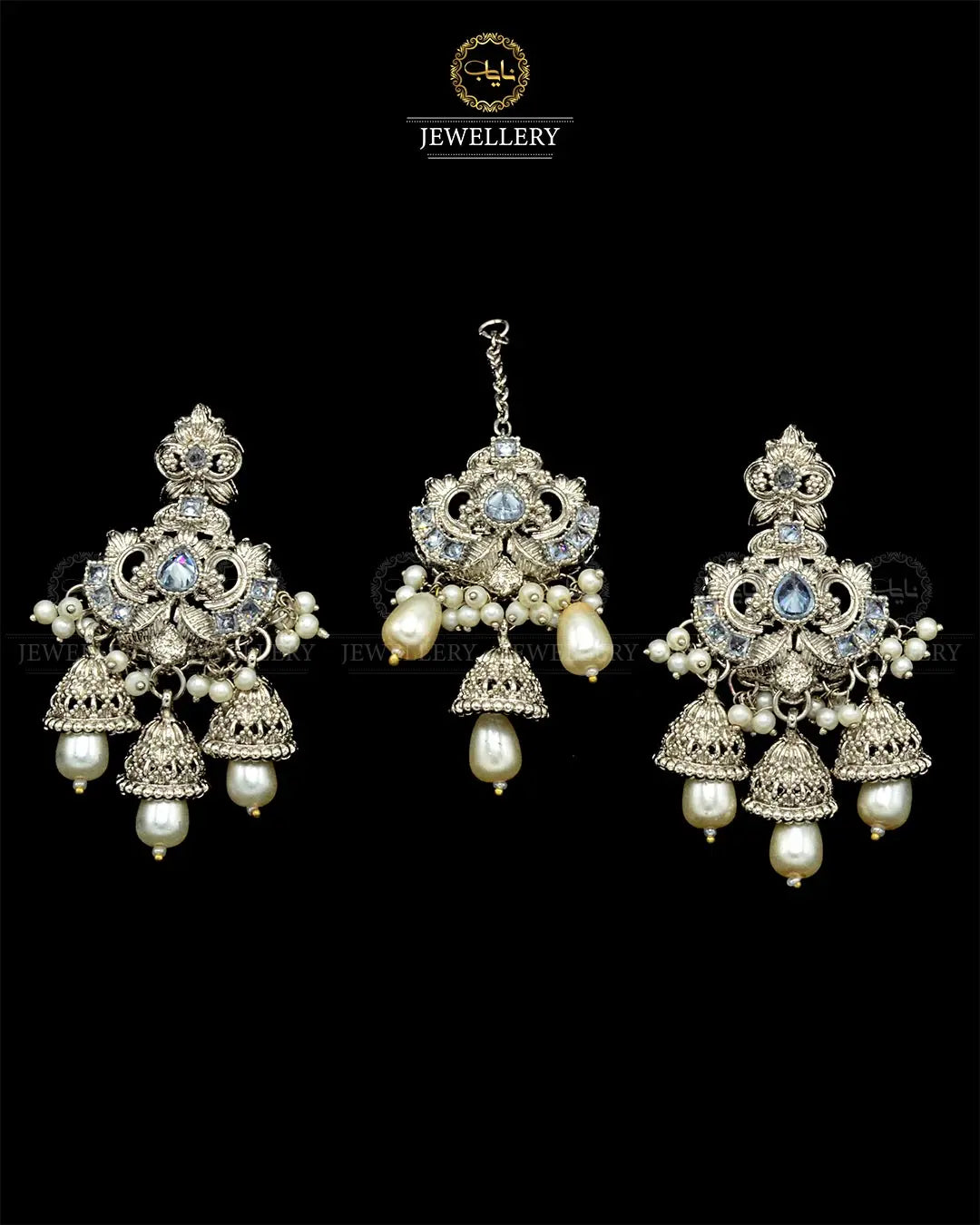 Rajwadi Earrings Tika set NJ-1865-Silver Nayab Jewellery