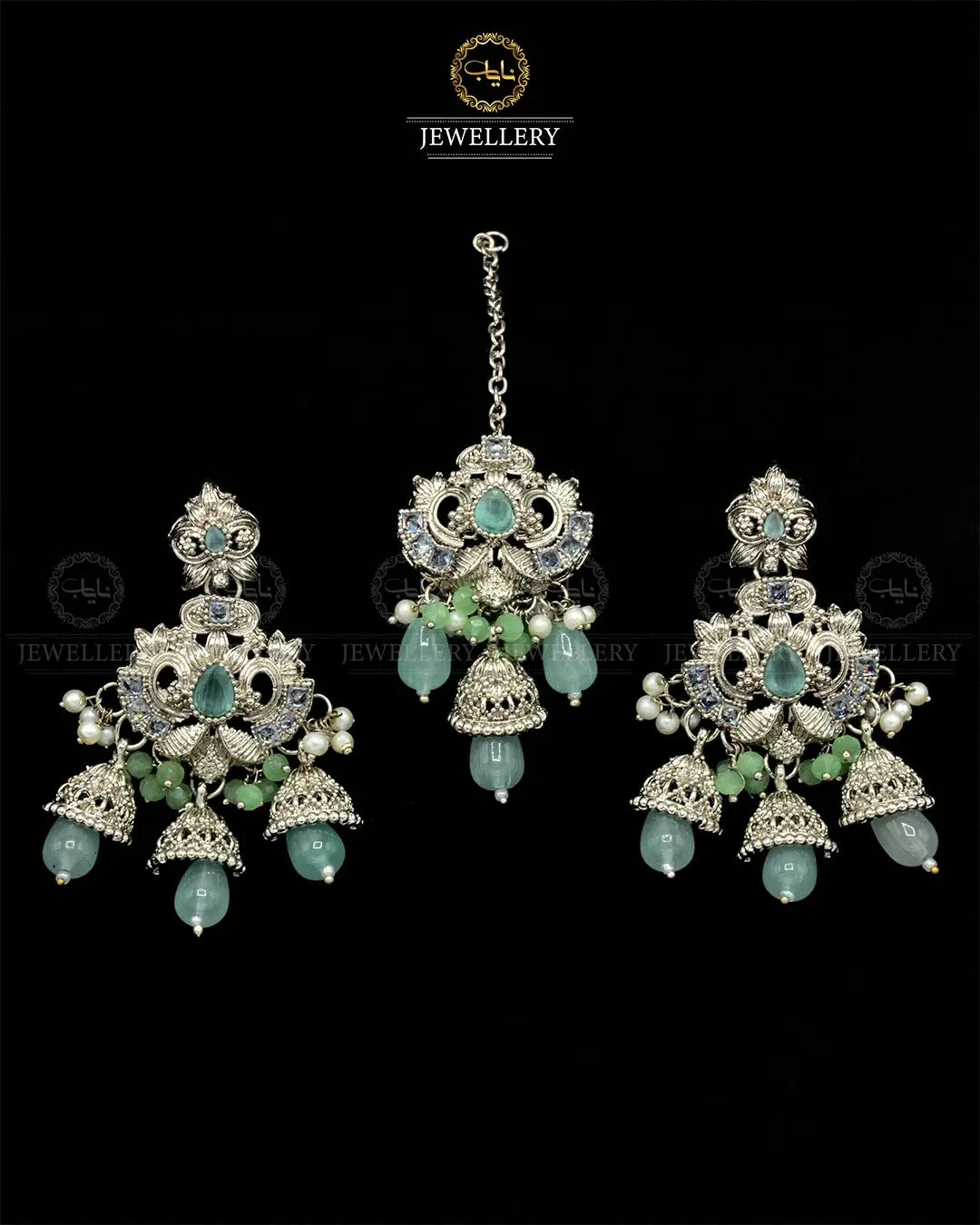 Rajwadi Earrings Tika set NJ-1865-Silver Nayab Jewellery