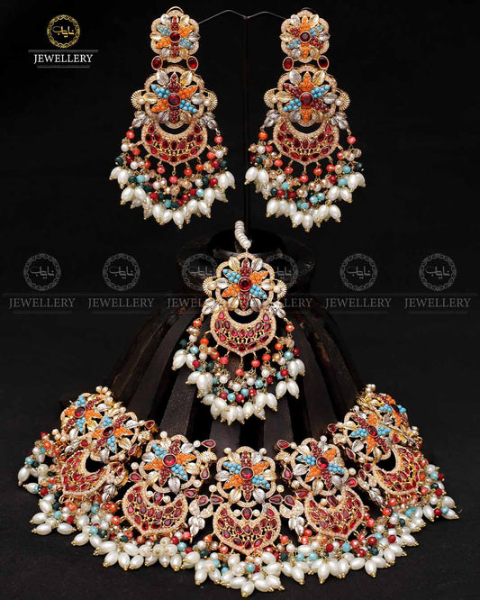 Real Stones Bridal Necklace set With Tika-2079 Nayab Jewellery