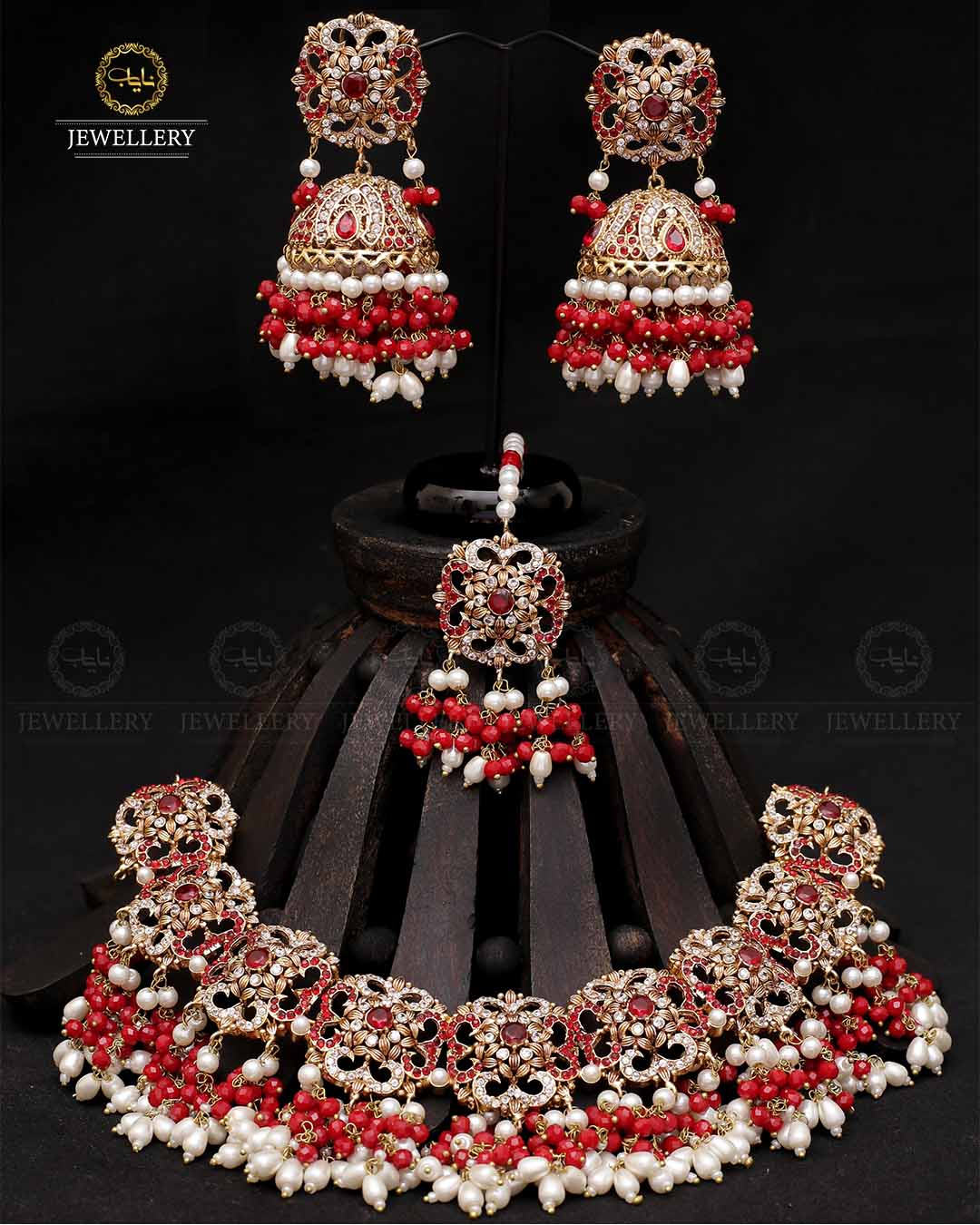 Real Stones Bridal Necklace set With jhumkaz & Tika-2087 Nayab Jewellery