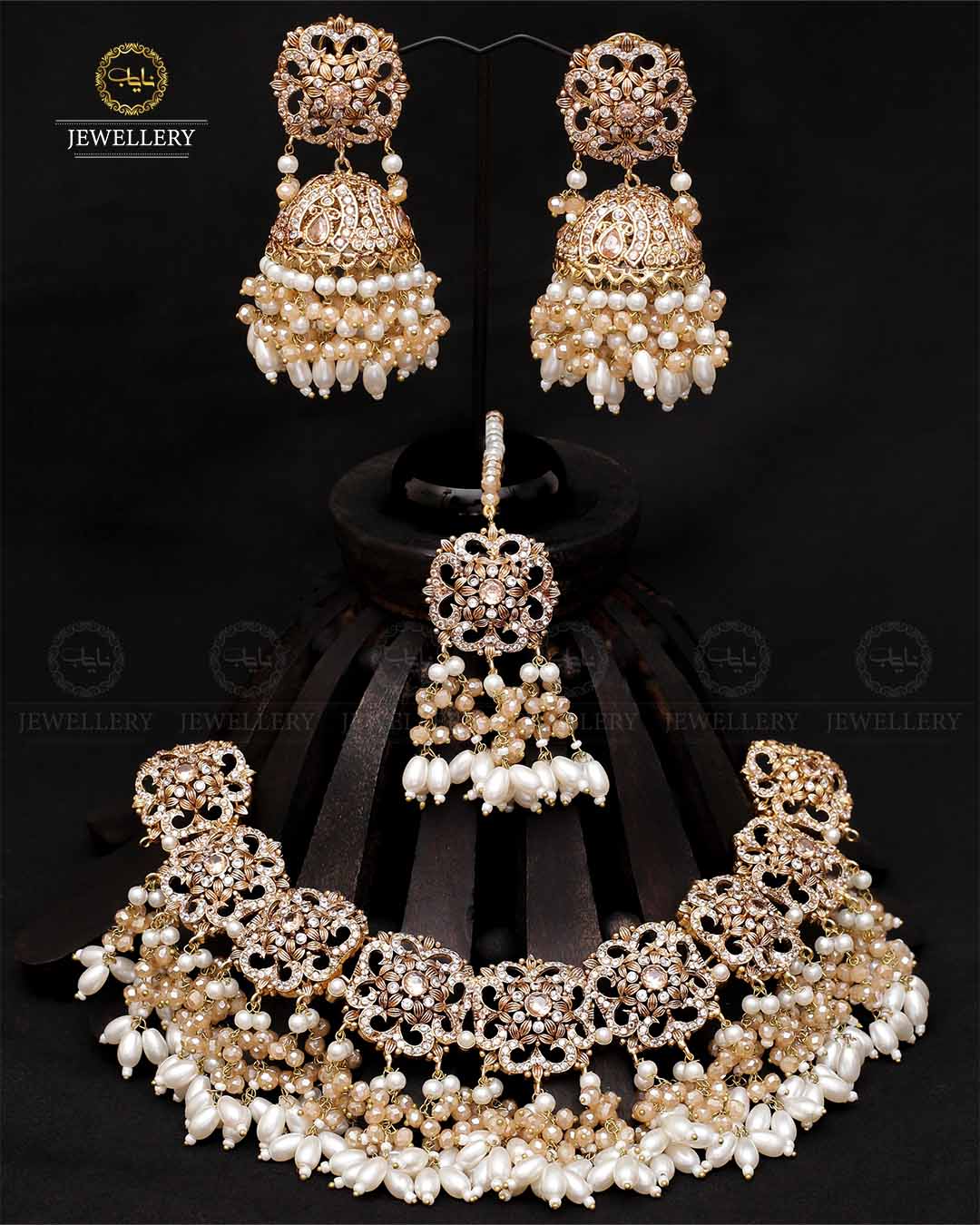 Real Stones Bridal Necklace set With jhumkaz & Tika-2087 Nayab Jewellery