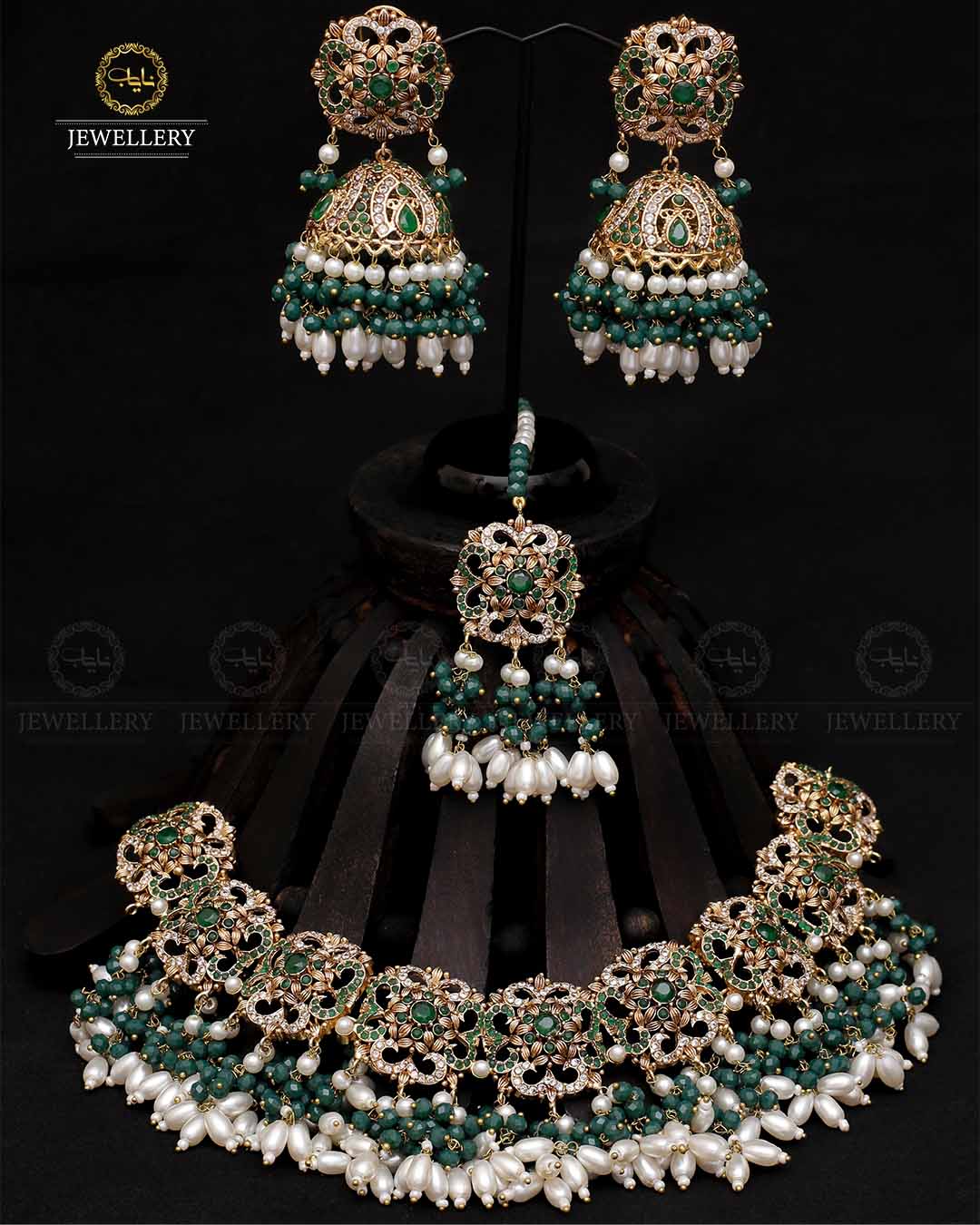 Real Stones Bridal Necklace set With jhumkaz & Tika-2087 Nayab Jewellery