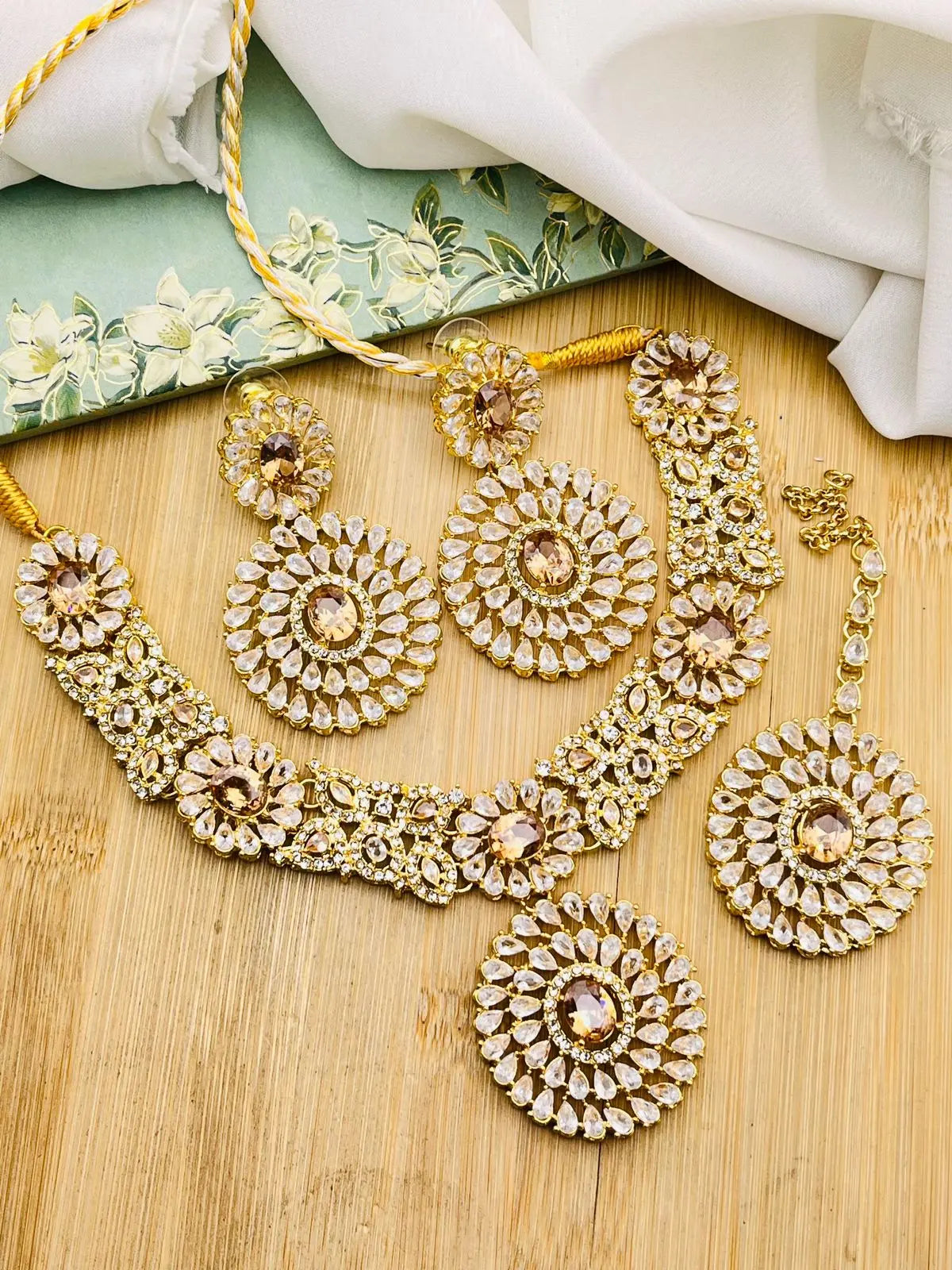 Rose Zarcon Necklace set with Tika-2286-Golden Nayab Jewellery