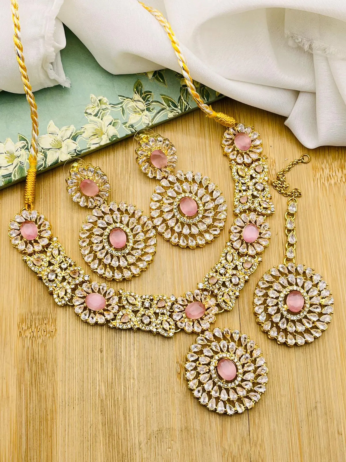 Rose Zarcon Necklace set with Tika-2286-Golden Nayab Jewellery