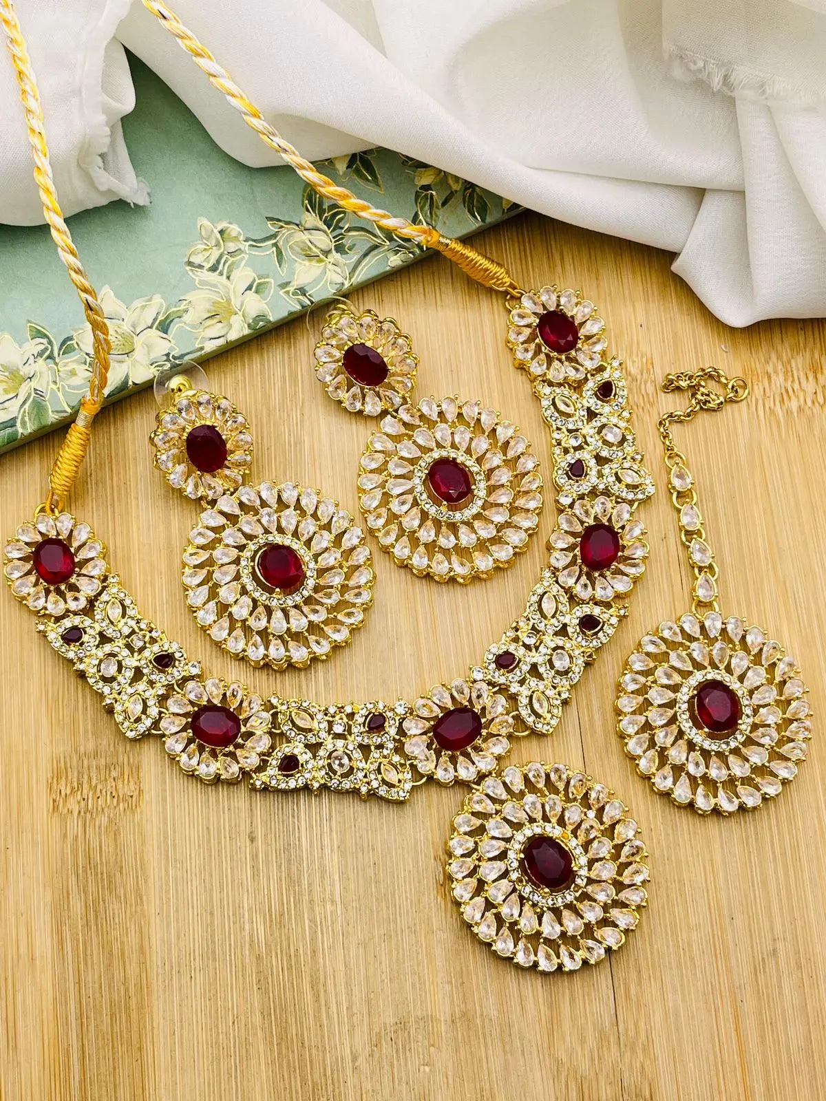 Rose Zarcon Necklace set with Tika-2286-Golden Nayab Jewellery