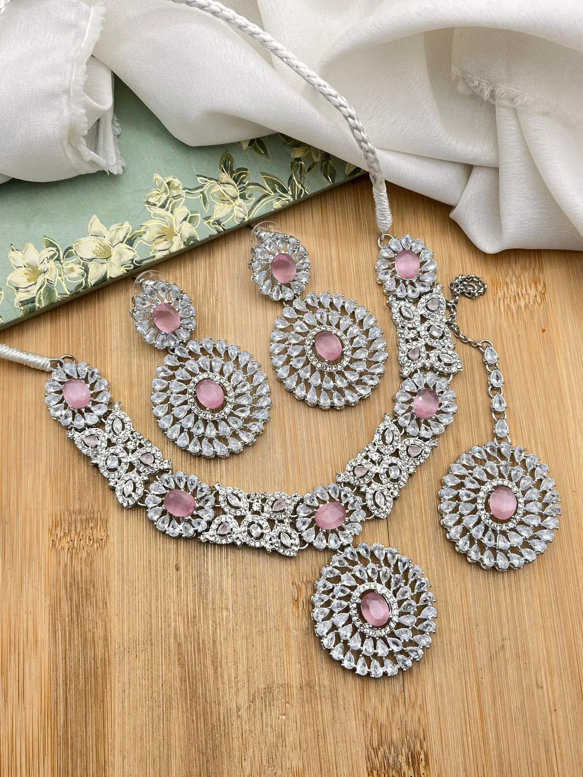 Rose Zarcon Necklace set with Tika-2286-Silver Nayab Jewellery