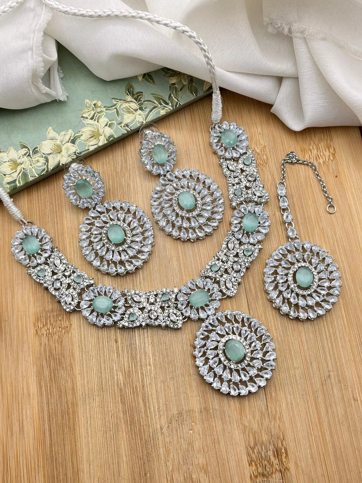 Rose Zarcon Necklace set with Tika-2286-Silver Nayab Jewellery