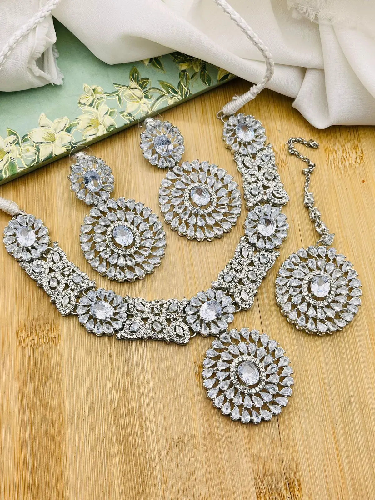 Rose Zarcon Necklace set with Tika-2286-Silver Nayab Jewellery