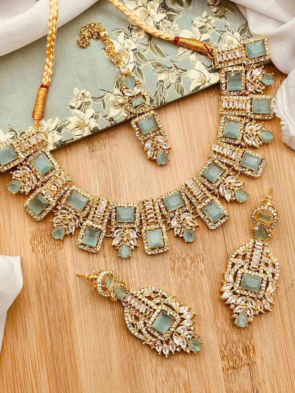 Saqure Stones Zirconia Necklace set with Tika-2178-Golden Nayab Jewellery