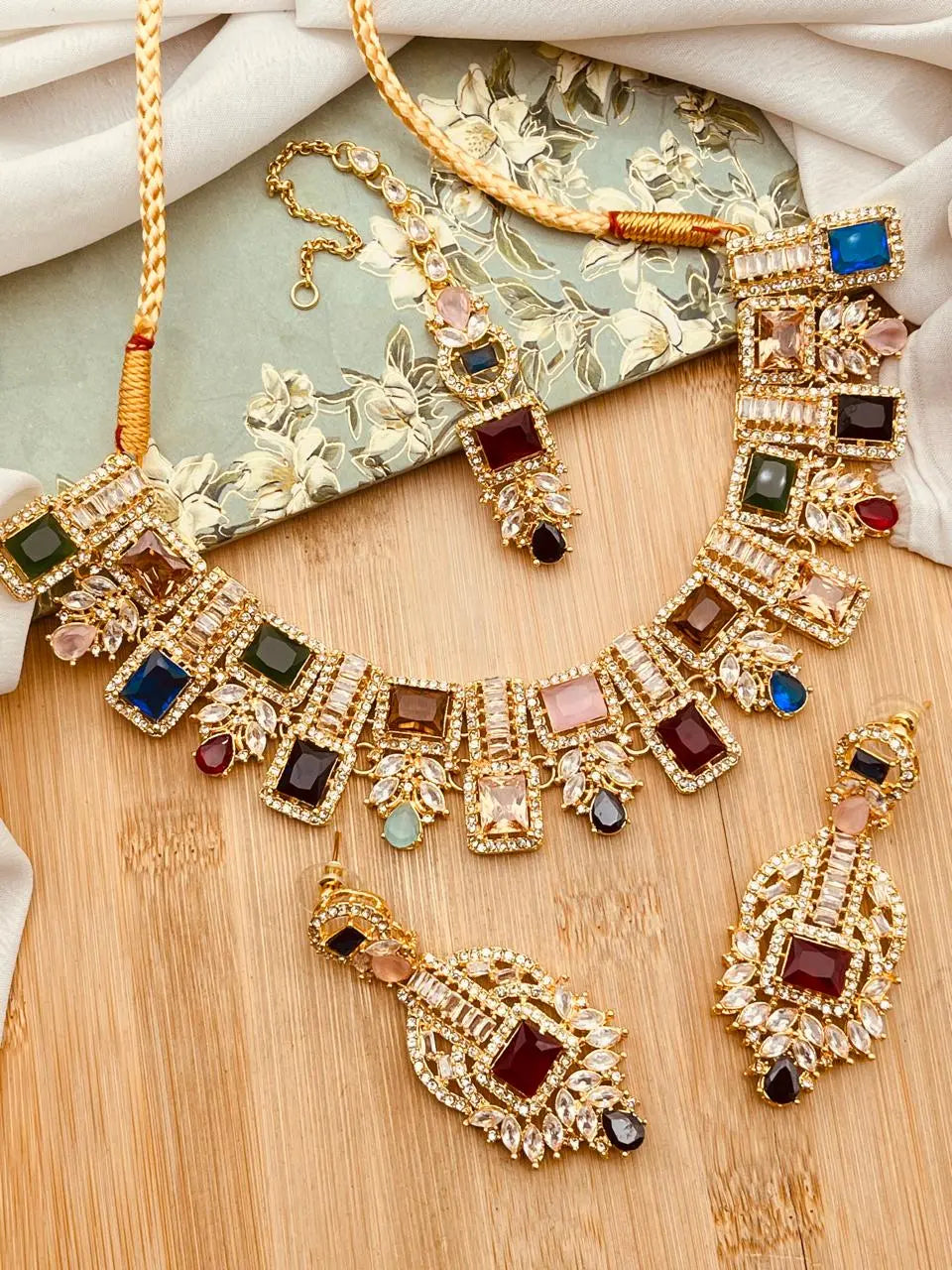 Saqure Stones Zirconia Necklace set with Tika-2178-Golden Nayab Jewellery