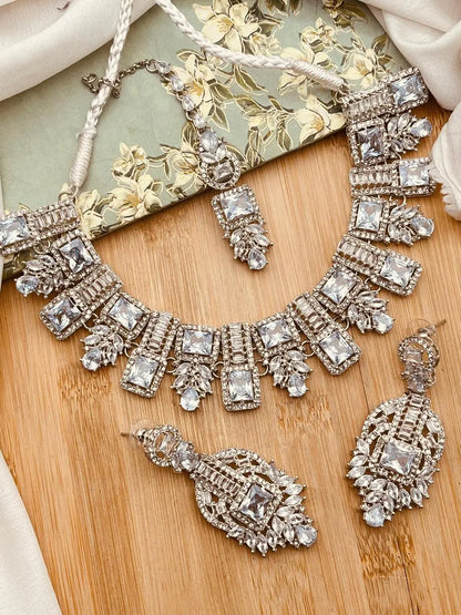 Saqure Stones Zirconia Necklace set with Tika-2178-Silver Nayab Jewellery