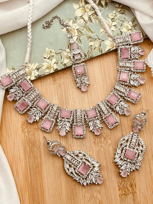 Saqure Stones Zirconia Necklace set with Tika-2178-Silver Nayab Jewellery