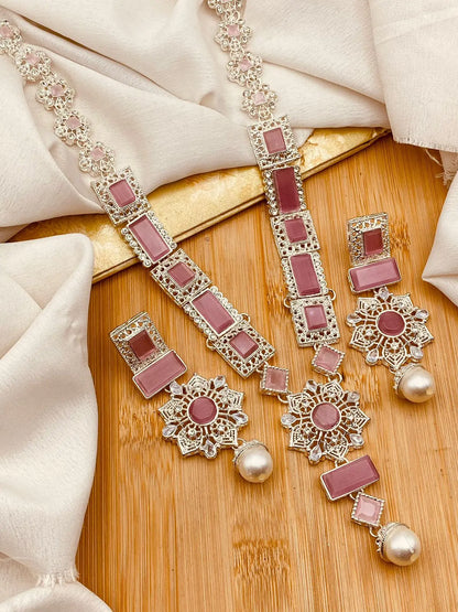 Silver Star Fancy Mala Set with Earring NJ-1557-Silver Nayab Jewellery