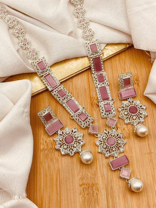 Silver Star Fancy Mala Set with Earring NJ-1557-Silver Nayab Jewellery