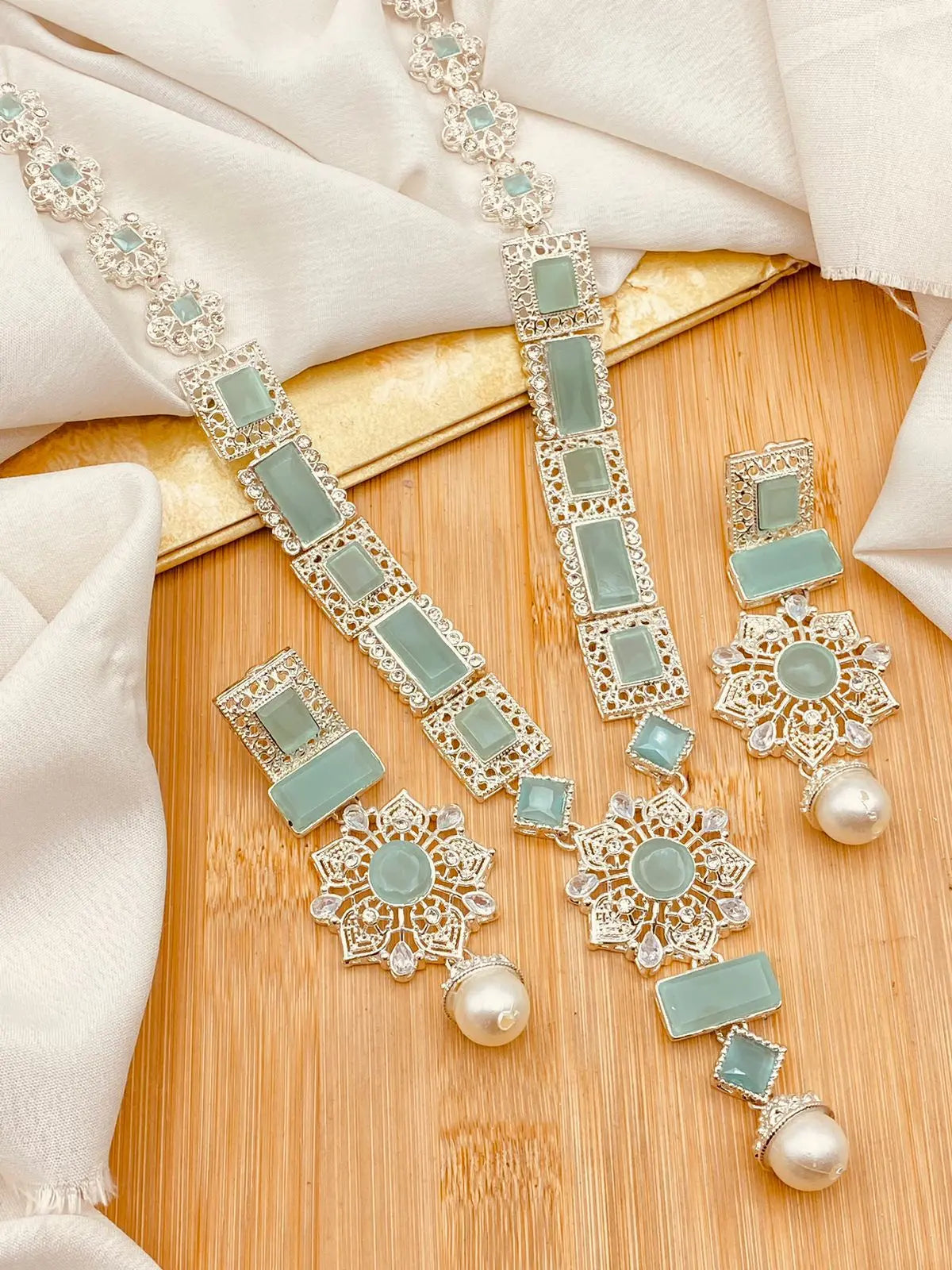 Silver Star Fancy Mala Set with Earring NJ-1557-Silver Nayab Jewellery