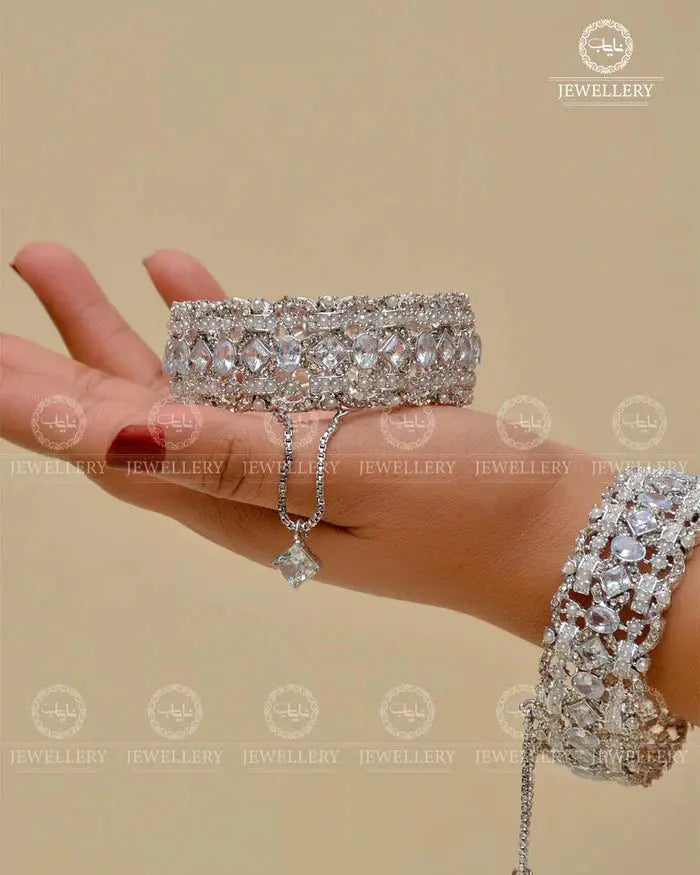 Silver  Zarcon Openable Bangles (Pair) NJ-1630-Silver Nayab Jewellery