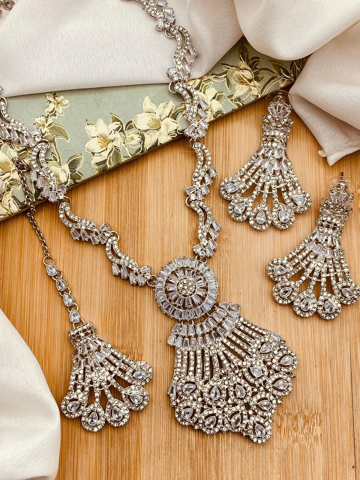 Tulip Zirconia Mala set with Tika -2200-Silver Nayab Jewellery