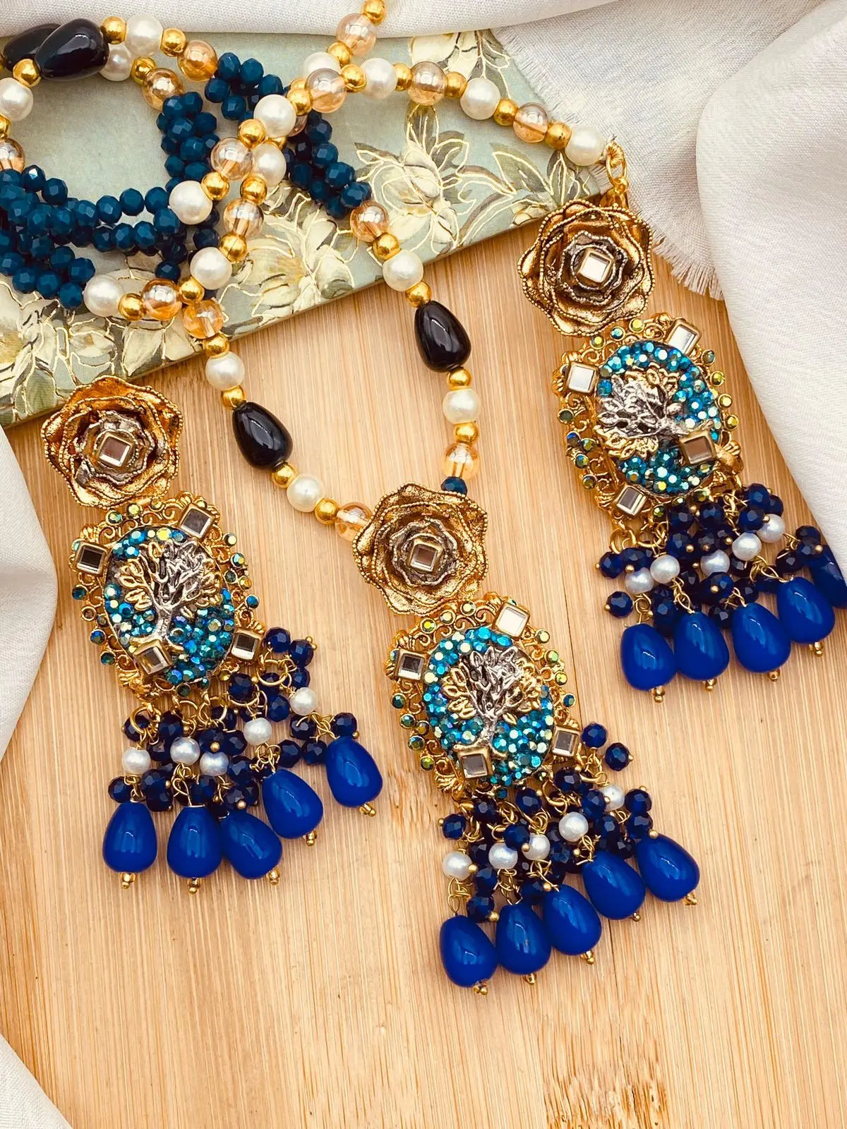 Turkish Flower Hand Made Pendant Mala with Earrings-2150 Nayab Jewellery