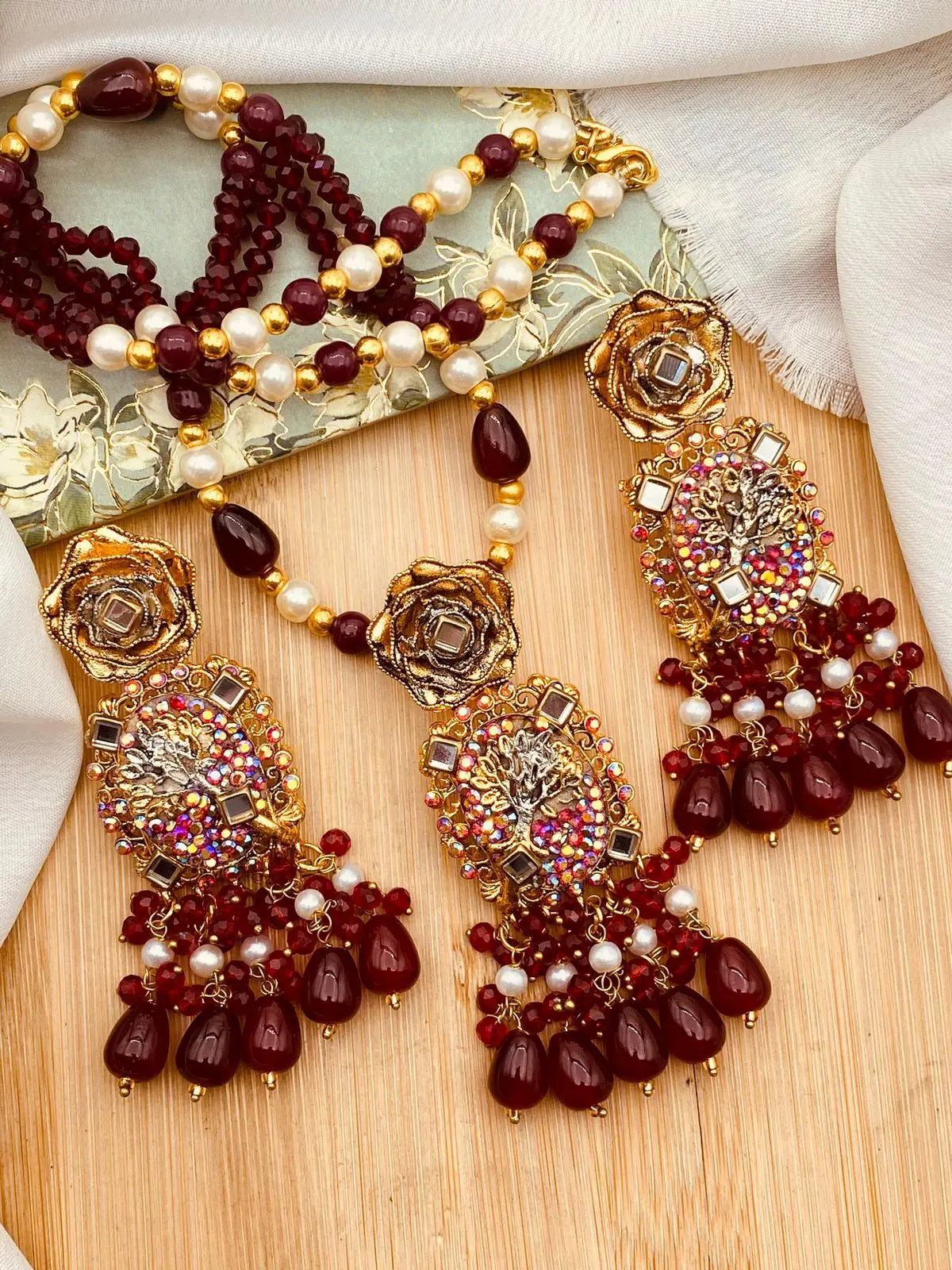 Turkish Flower Hand Made Pendant Mala with Earrings-2150 Nayab Jewellery