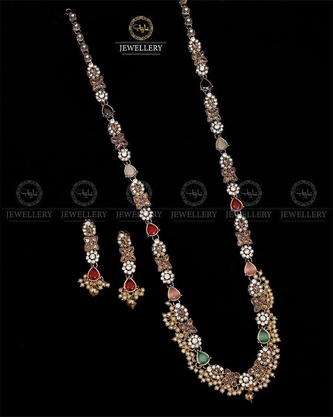 Turkish Long Mala set with Earrings-1940-Golden Nayab Jewellery