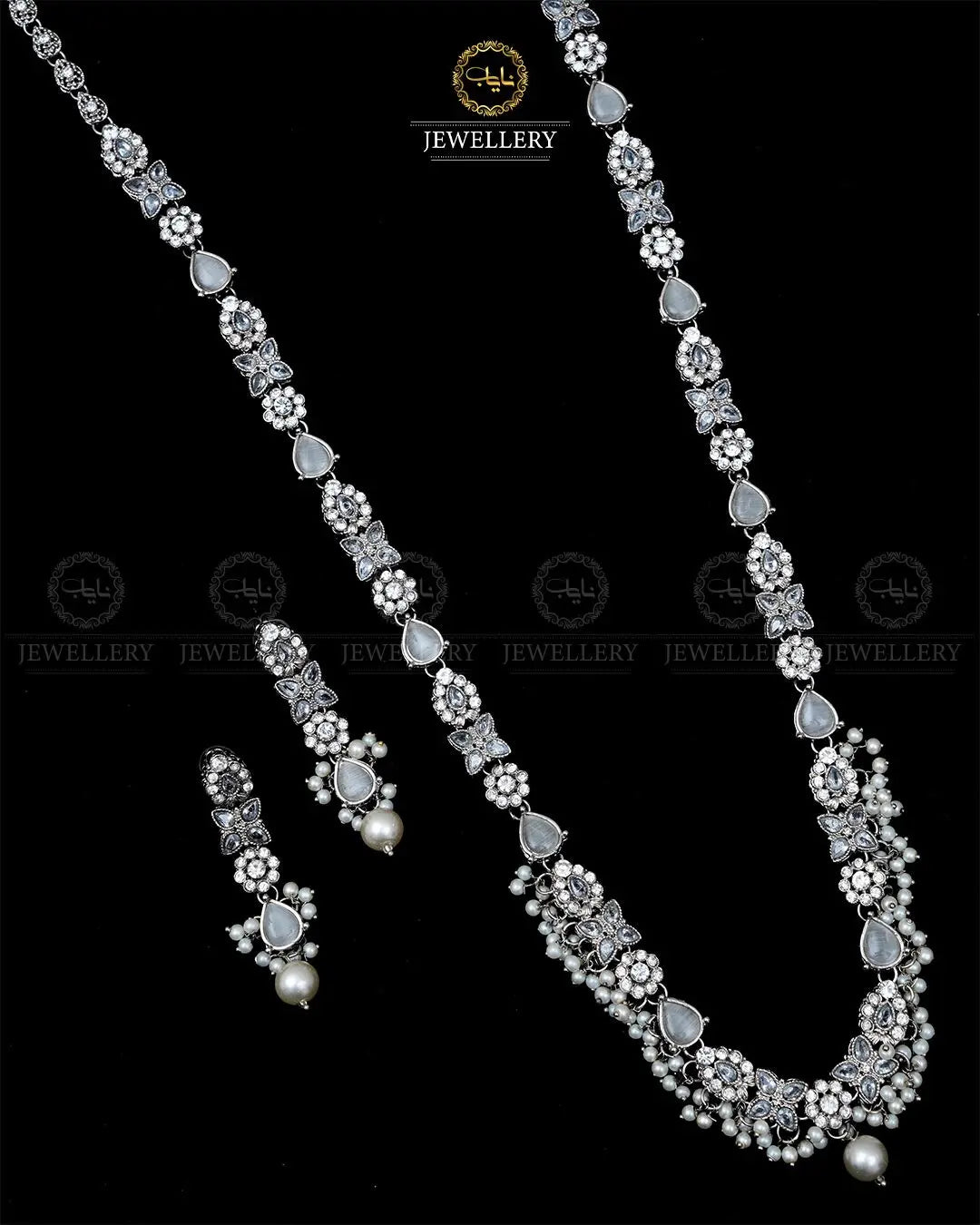 Turkish Long Mala set with Earrings-1940-Silver Nayab Jewellery