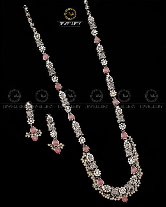 Turkish Long Mala set with Earrings-1940-Silver Nayab Jewellery