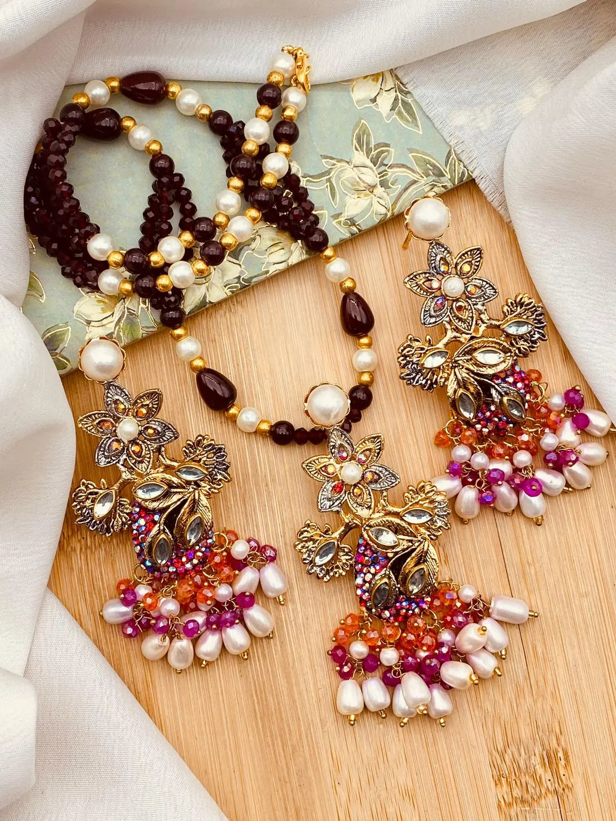 Turkish Star Hand Made Pendant Mala with Earrings-2151 Nayab Jewellery