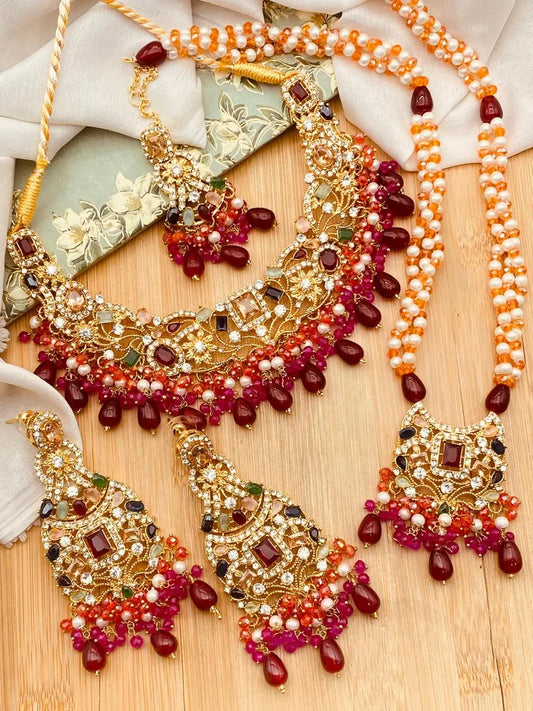 Warda Zirconia Double Bridal set-2381-Golden Nayab Jewellery