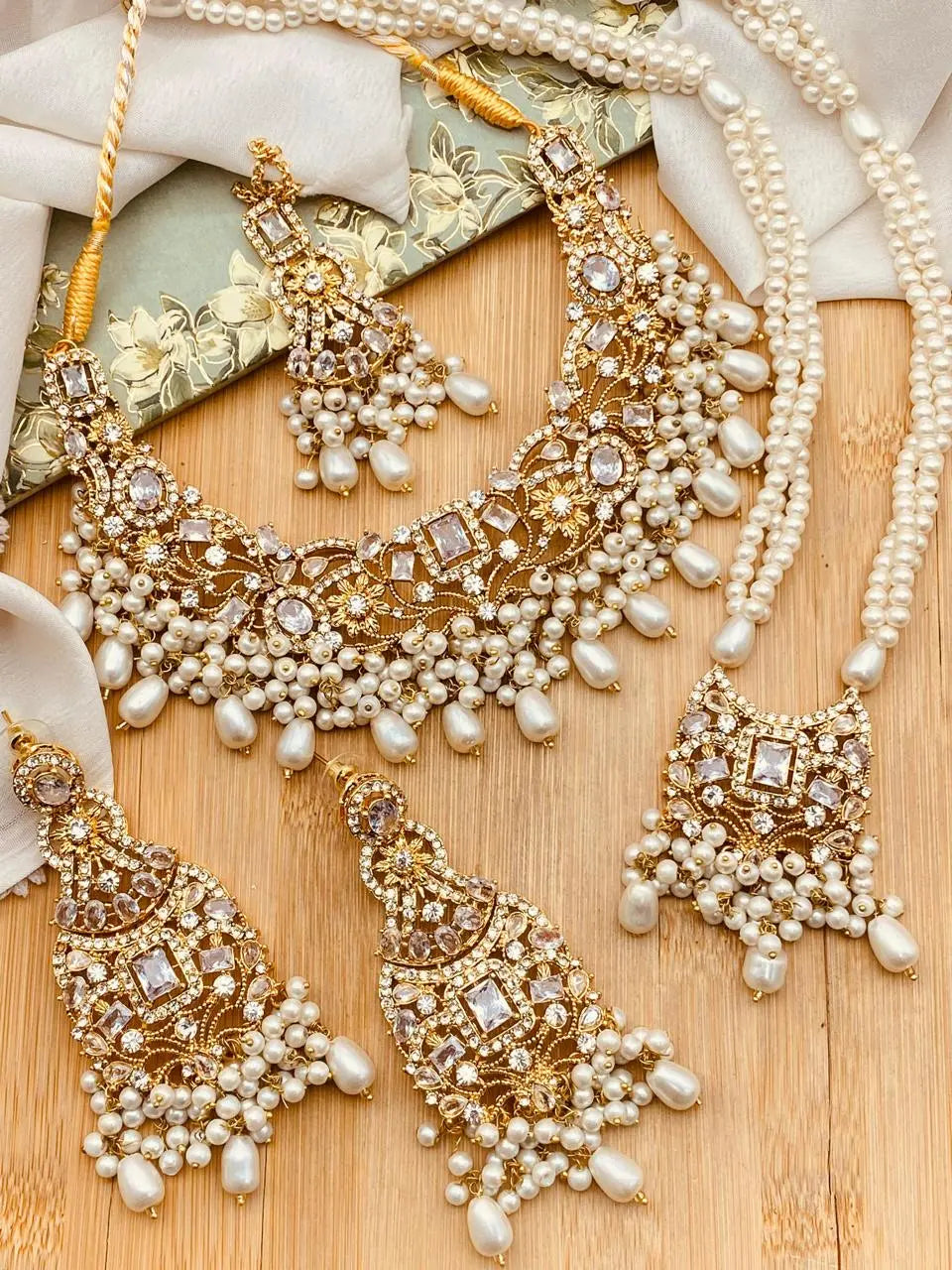 Warda Zirconia Double Bridal set-2381-Golden Nayab Jewellery