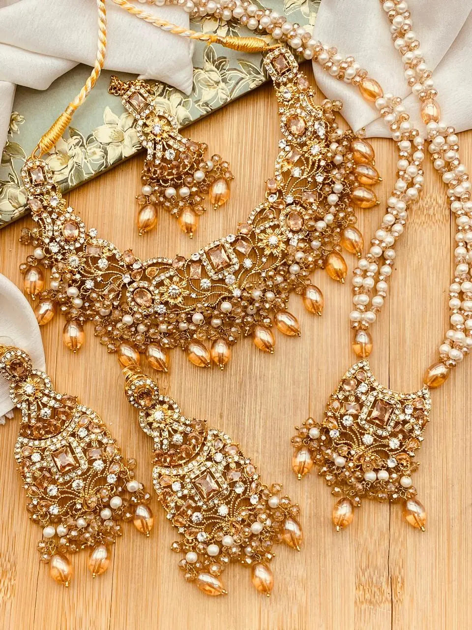 Warda Zirconia Double Bridal set-2381-Golden Nayab Jewellery