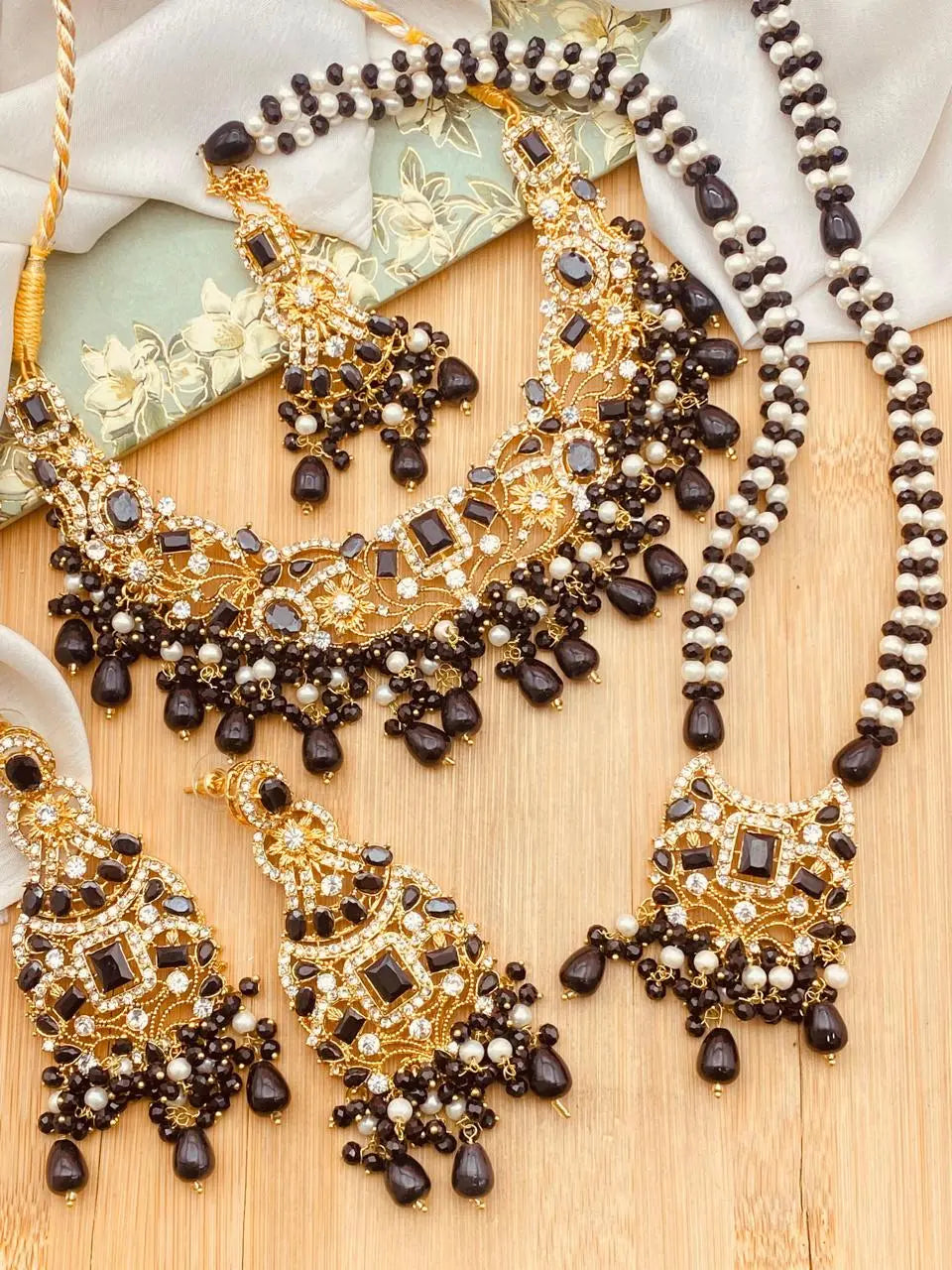 Warda Zirconia Double Bridal set-2381-Golden Nayab Jewellery