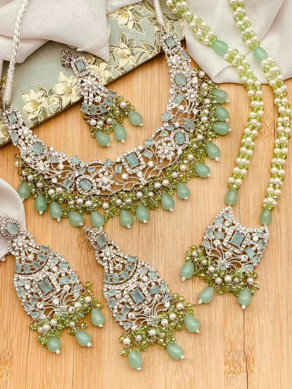 Warda Zirconia Double Bridal set-2381-Silver Nayab Jewellery