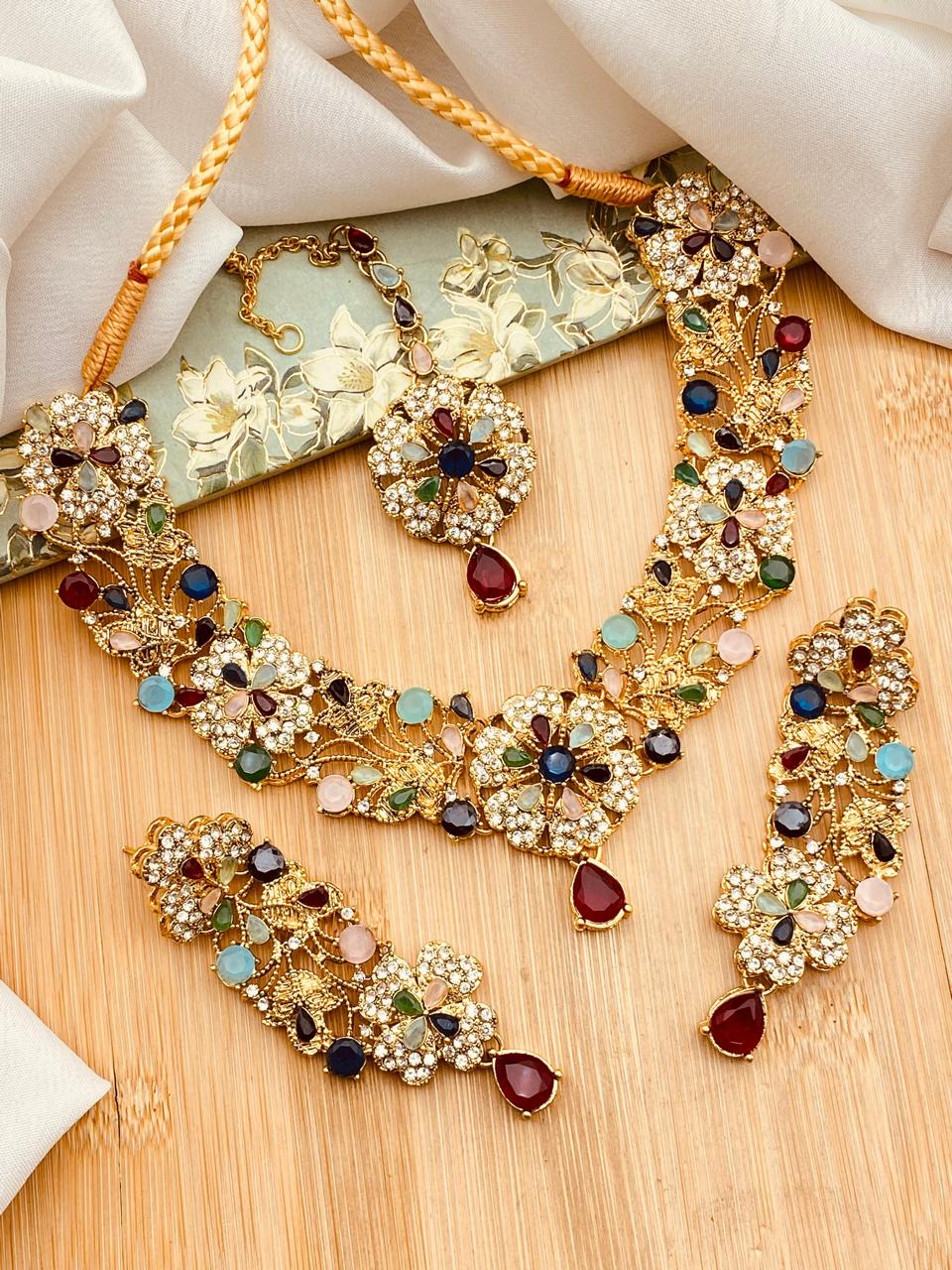 Turkish Flora Necklace set-2155-Golden