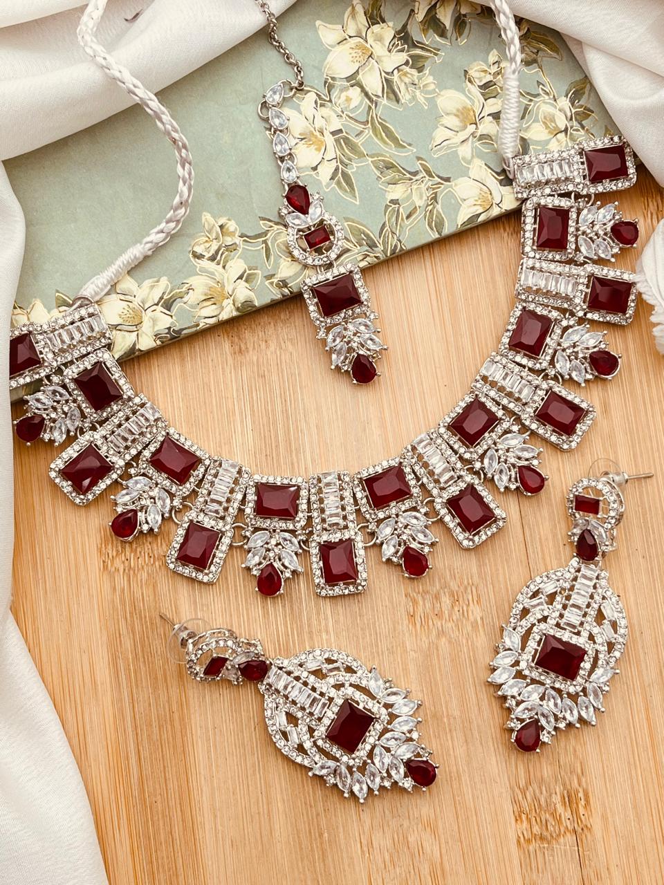 Saqure Stones Zirconia Necklace set with Tika-2178-Silver