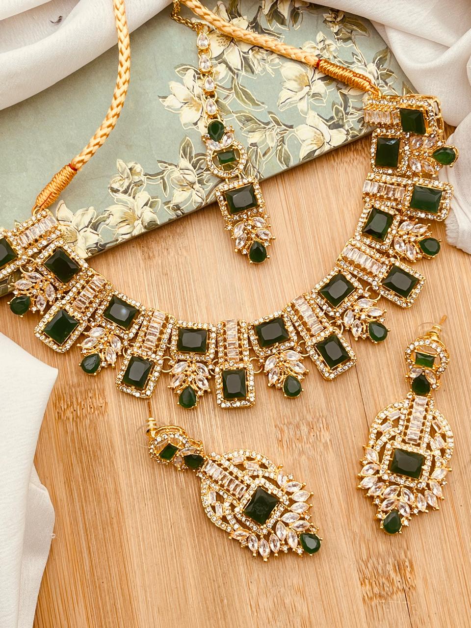 Saqure Stones Zirconia Necklace set with Tika-2178-Golden