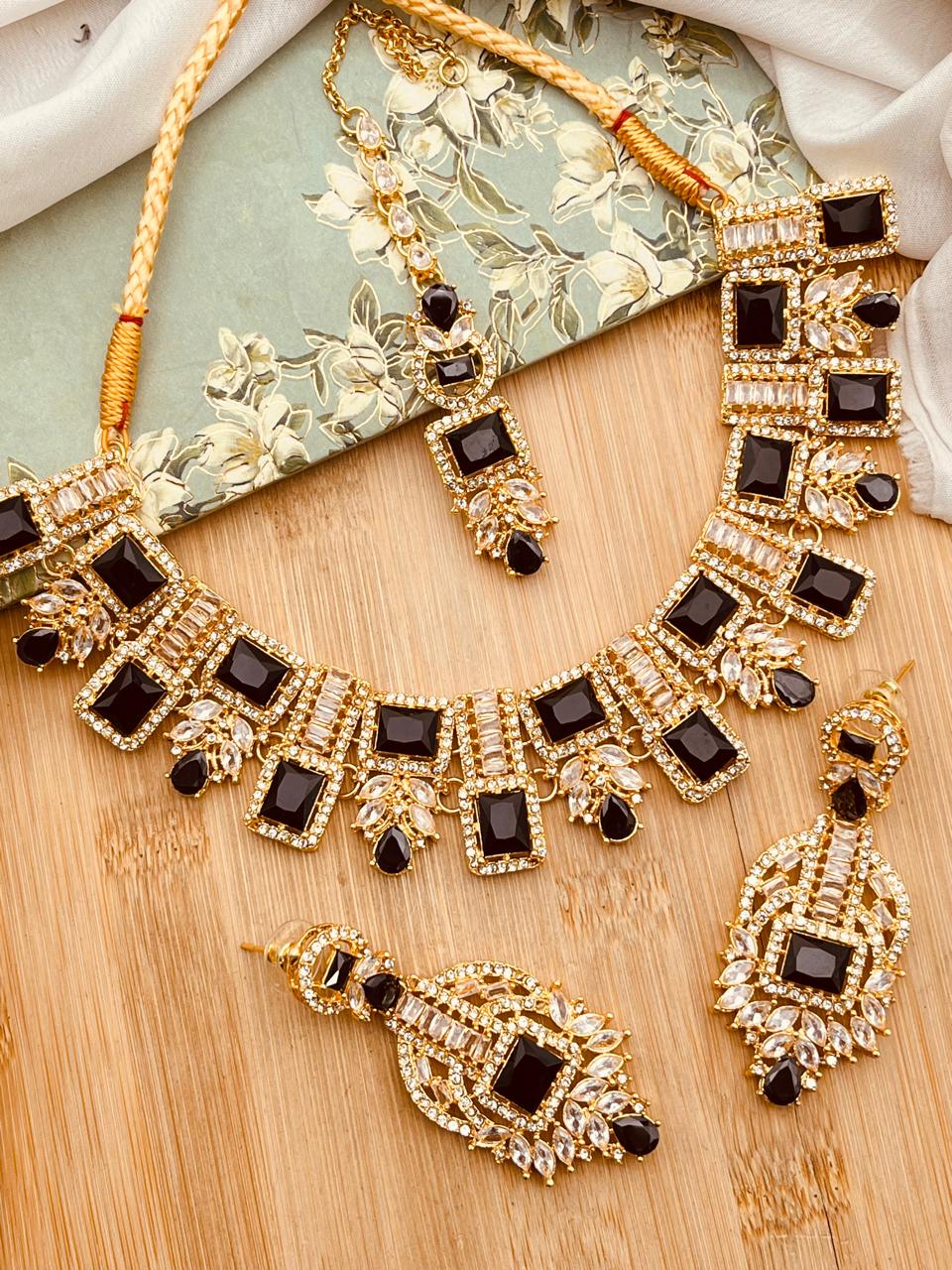 Saqure Stones Zirconia Necklace set with Tika-2178-Golden