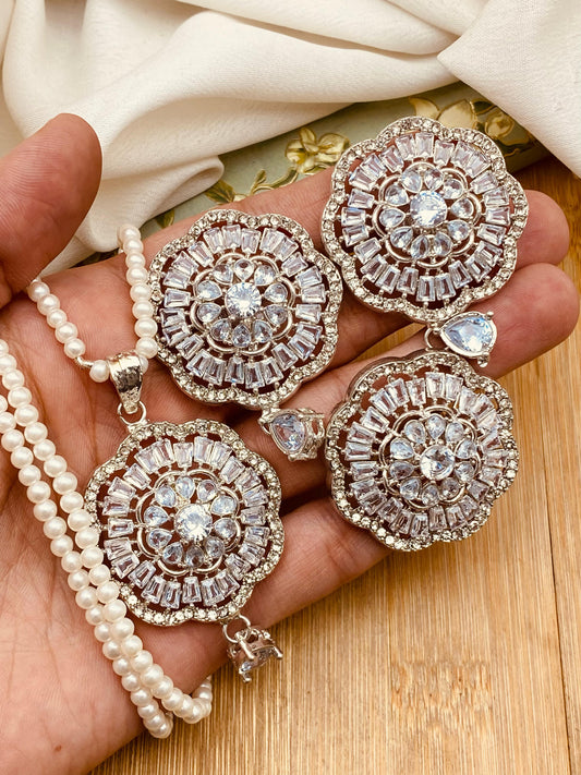 Zirconia Flower Locket Combo set with Mala-2458-Silver Nayab Jewellery