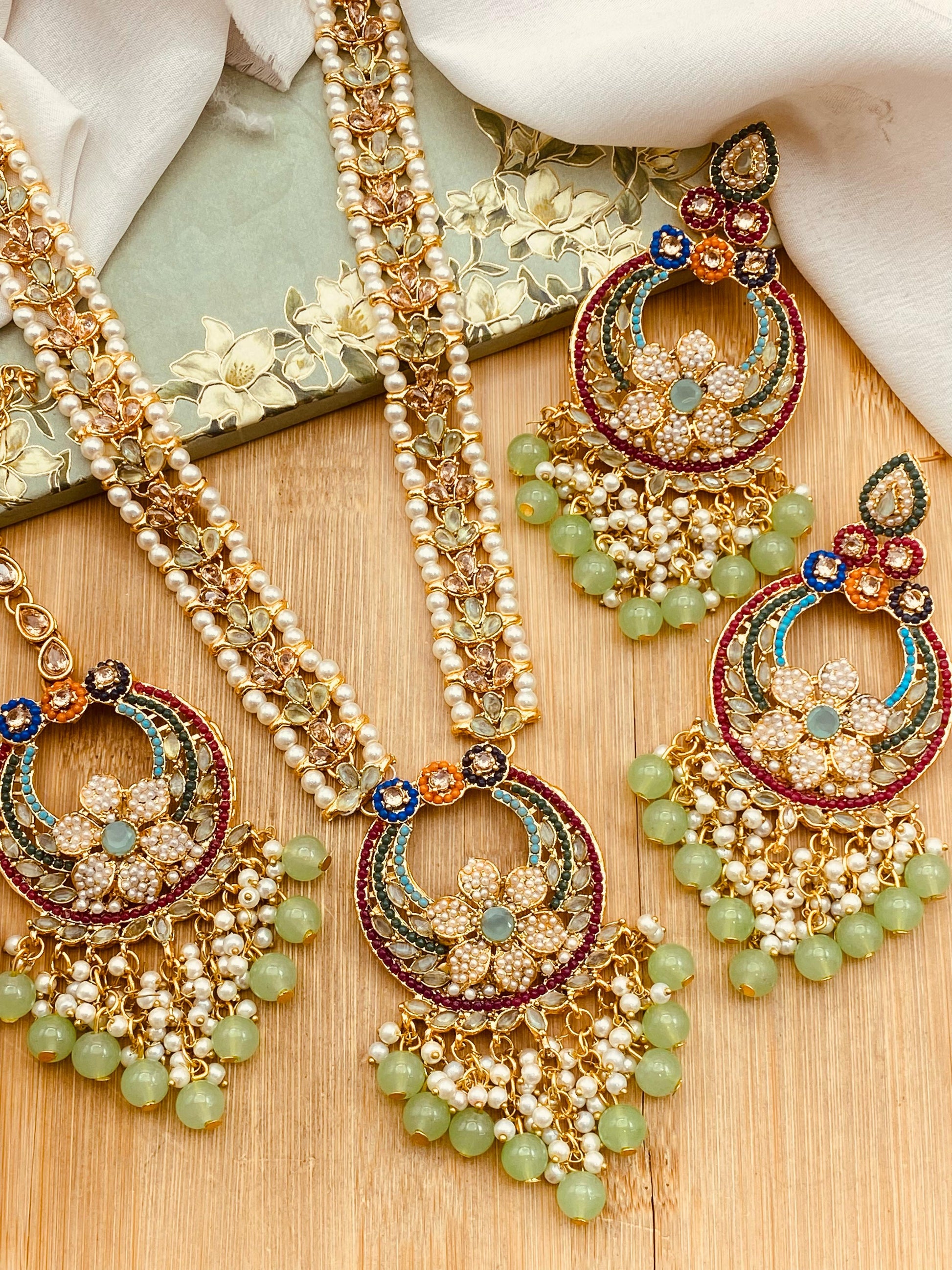 Noratan mala set with Baali Tika-2524 Nayab Jewellery