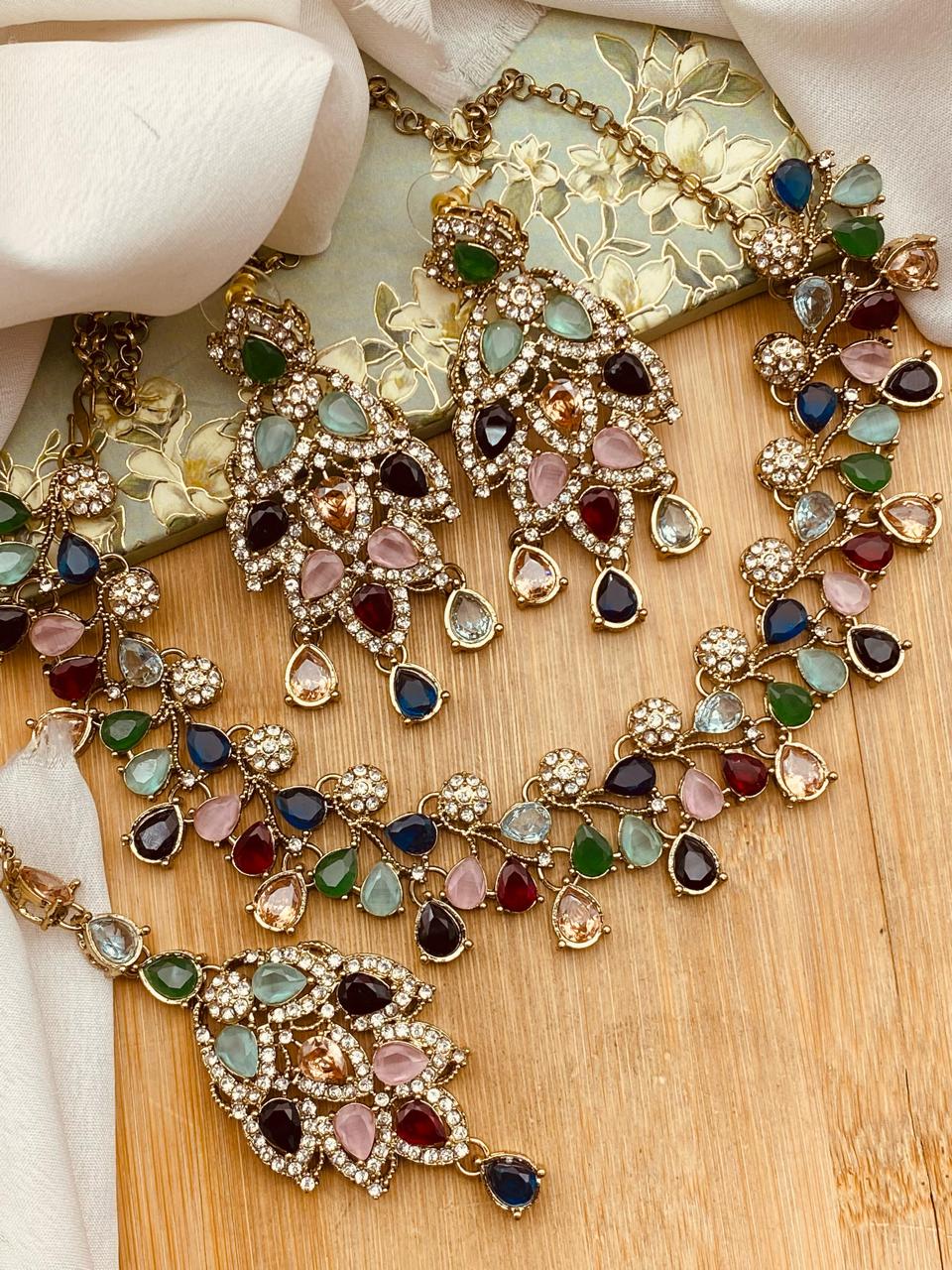 Antique Polish Leaf Necklace set-2525 Nayab Jewellery