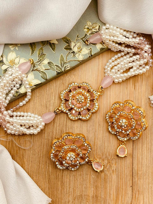 Zirconia Sun flower Chokar set-2573-Golden Nayab Jewellery