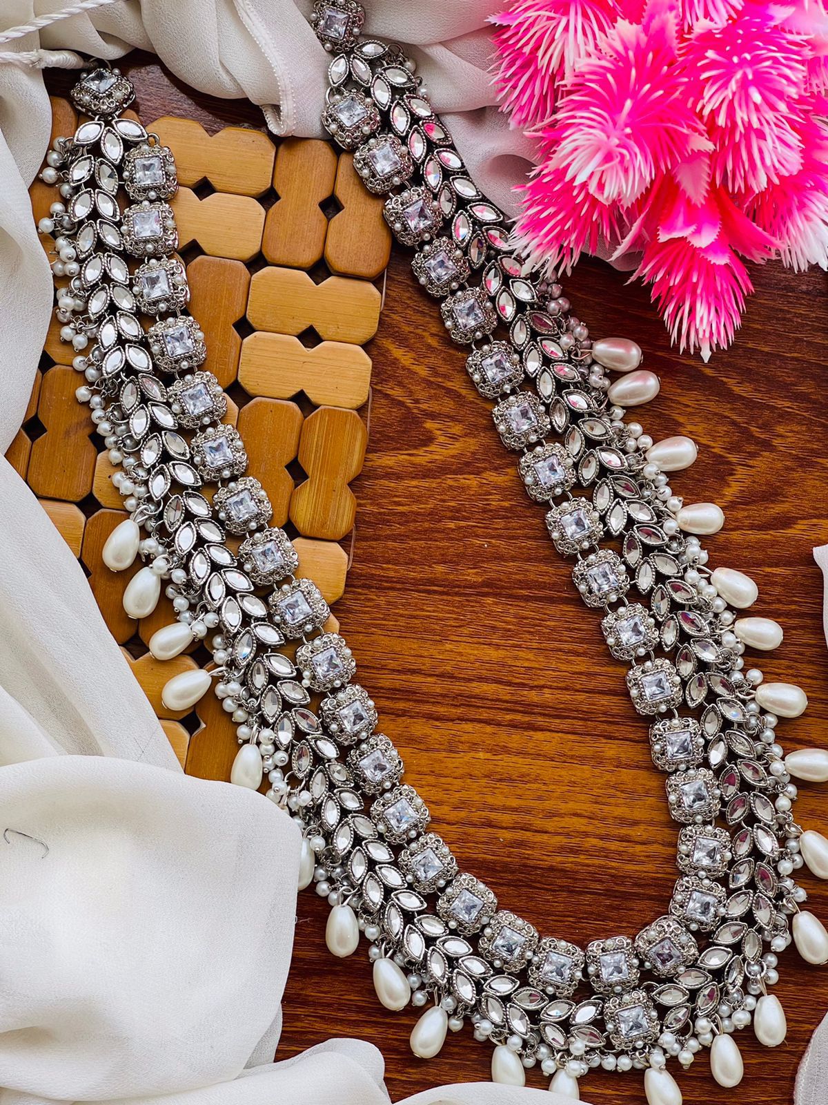 Kundan Long Bridal Mala (without Earrings)-2578-Silver Nayab Jewellery