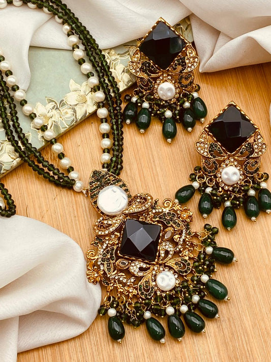 Mother Pearl Turkish Dimond Cut Mala Set-2755 Nayab Jewellery