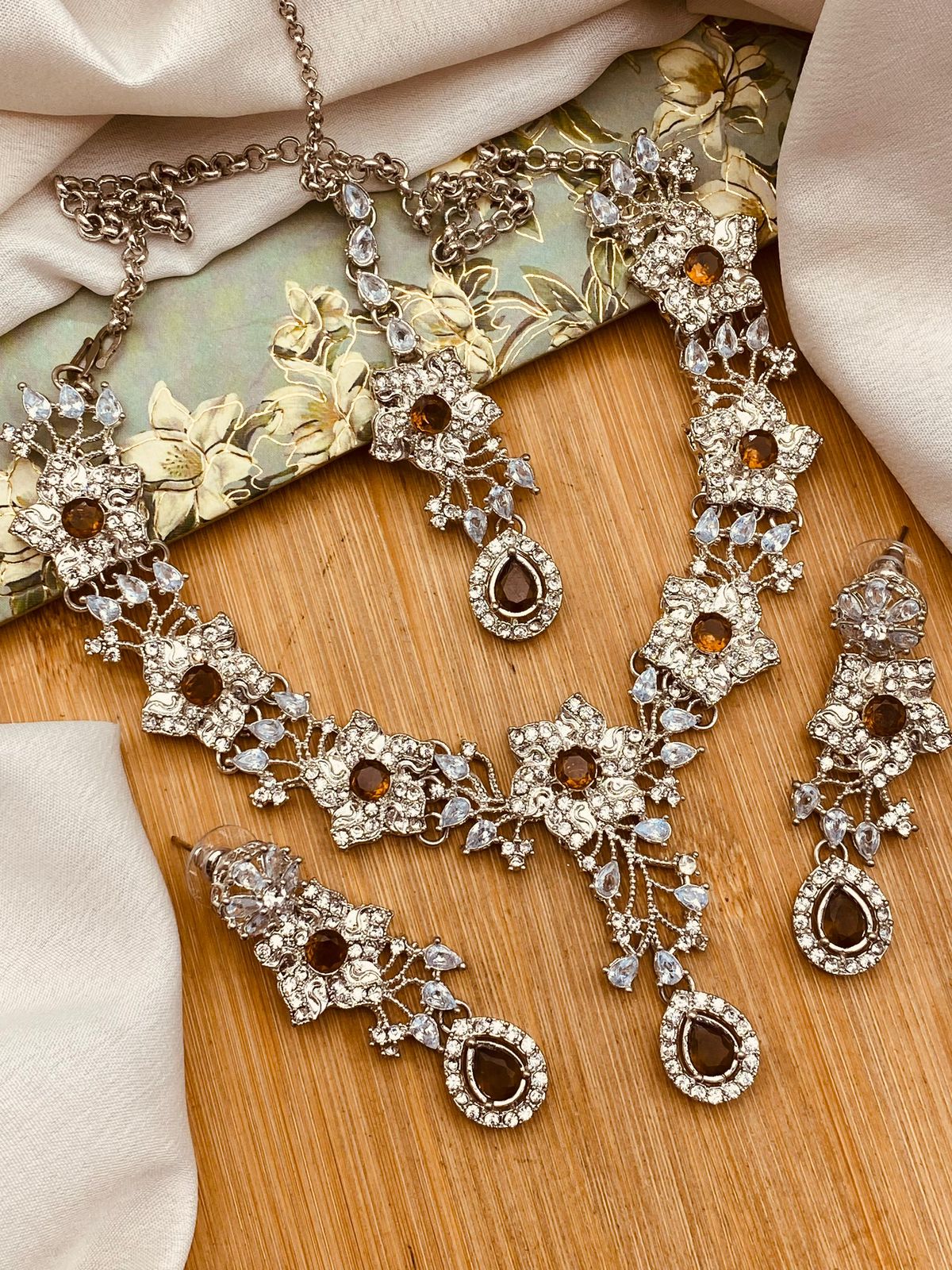 Turkish Necklace set-2816-Silver Nayab Jewellery