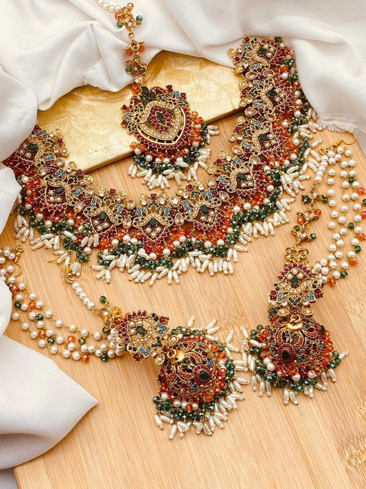 Noratan Bridal Necklace set with Sahara jhumka Tika-2821 Nayab Jewellery