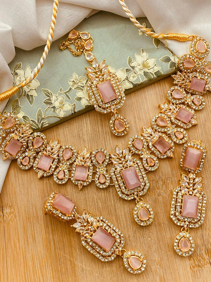 Zirconia Doublet stones Necklace set-2572-Golden