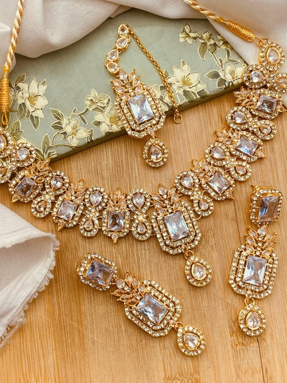 Zirconia Doublet stones Necklace set-2572-Golden